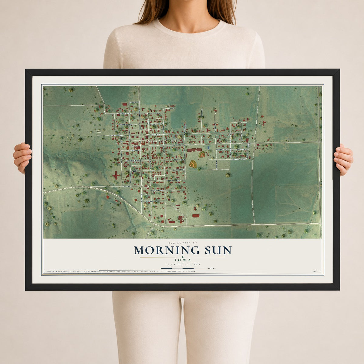 Map of Morning Sun, Iowa, 24 x 36 inch print in a black wood frame