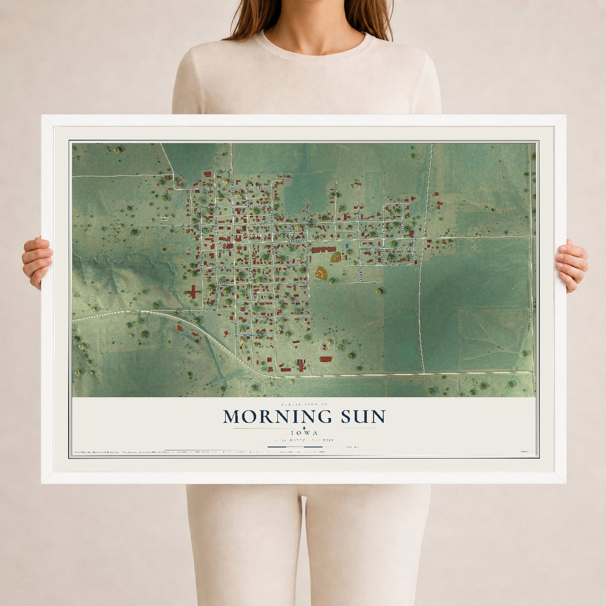 Map of Morning Sun, Iowa, 24 x 36 inch print in a white wood frame