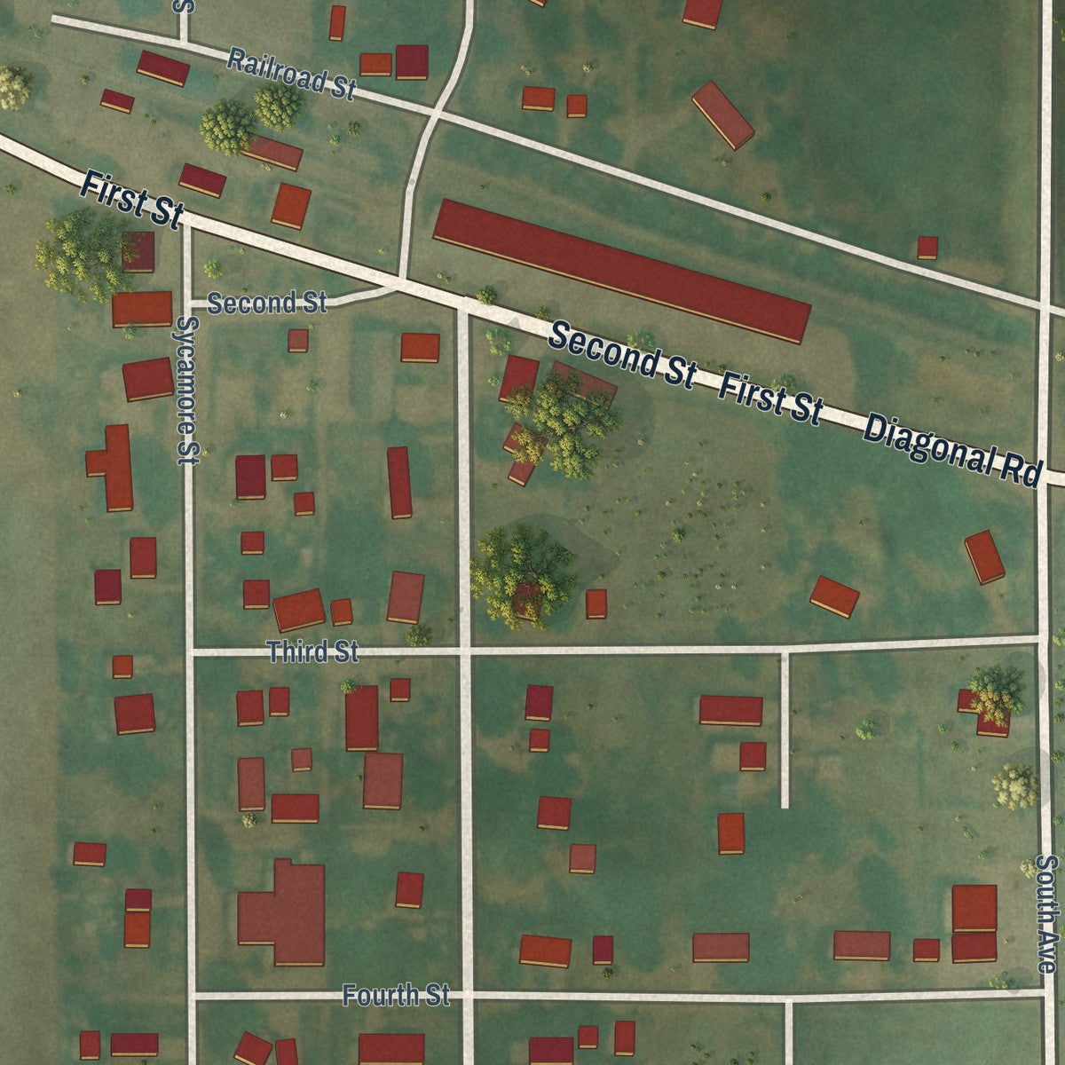 Close-up of the map of Morrison, Iowa print showing street and building detail