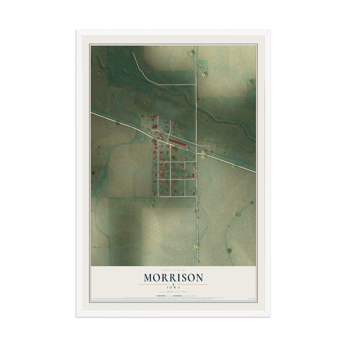 Map of Morrison, Iowa, 12 x 18 inch print in a white wood frame