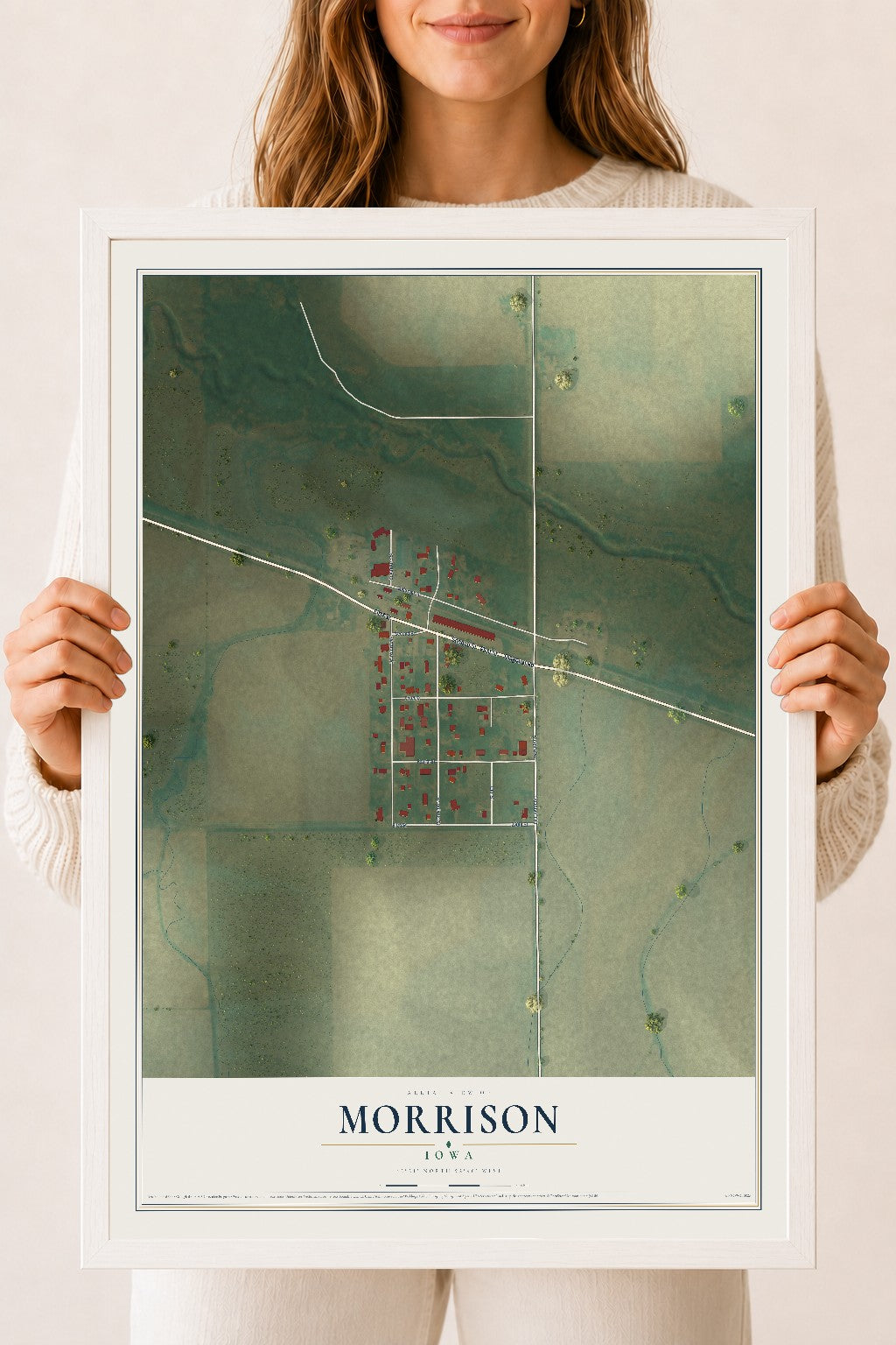 Map of Morrison, Iowa, 18 x 24 inch print in a white wood frame