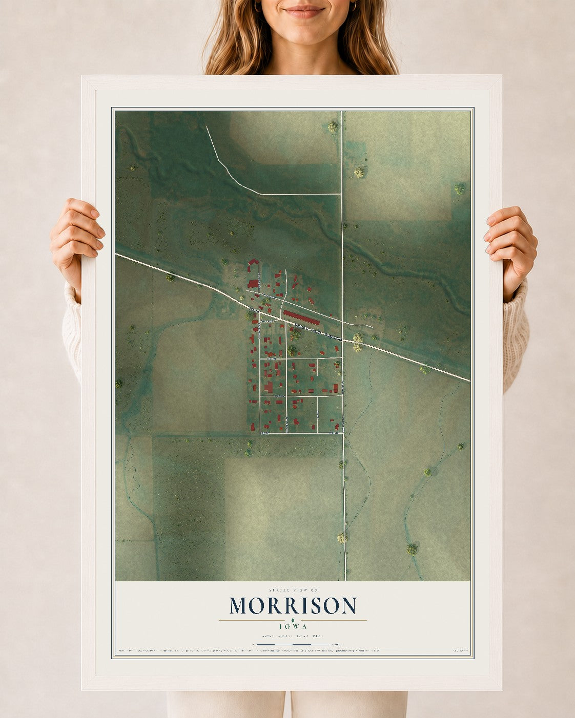 Map of Morrison, Iowa, 24 x 36 inch print in a white wood frame