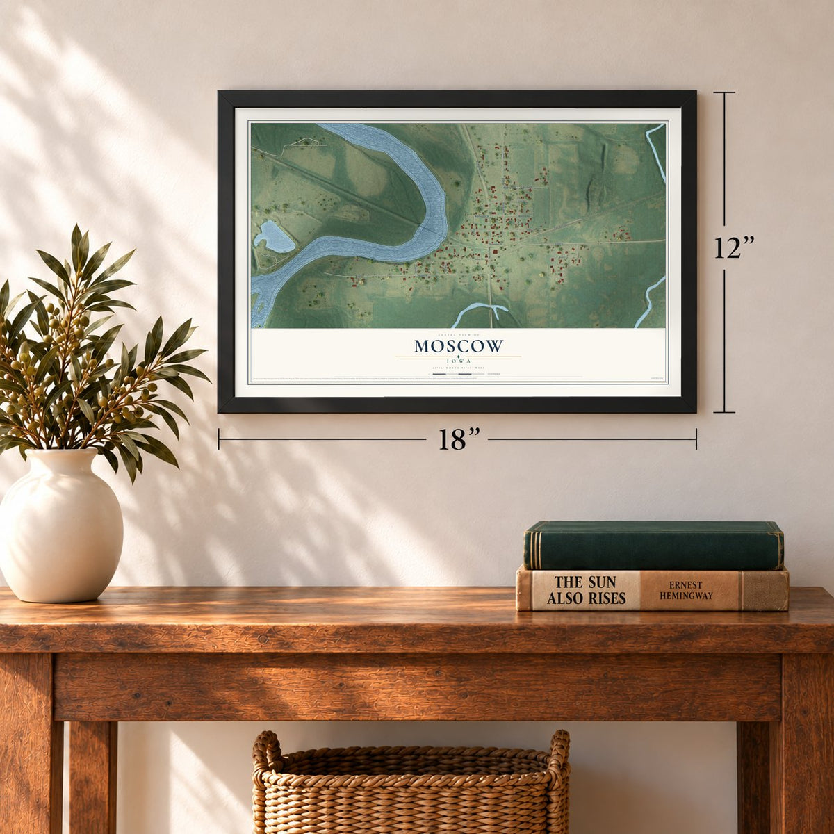 Moscow, Iowa map, 12 x 18 inch print in a black frame in an entryway