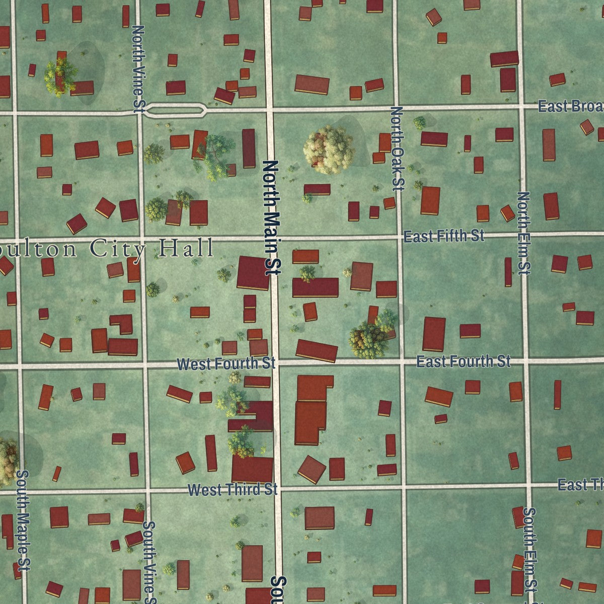 Close-up of the map of Moulton, Iowa print showing street and building detail