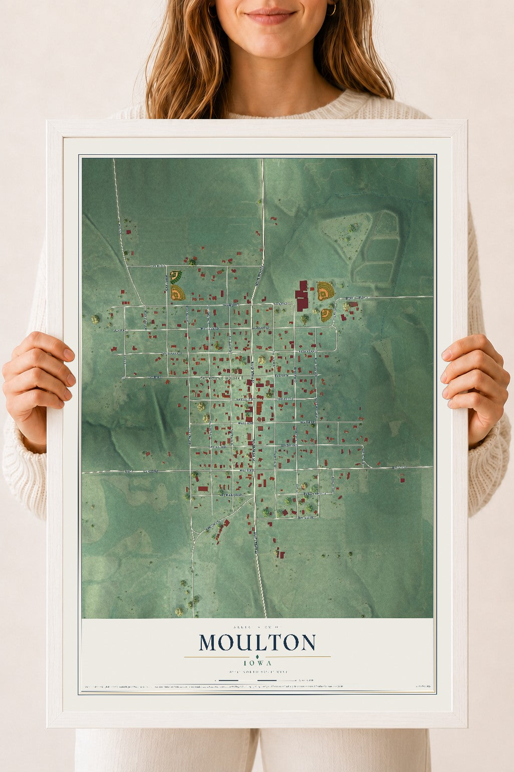 Map of Moulton, Iowa, 18 x 24 inch print in a white wood frame