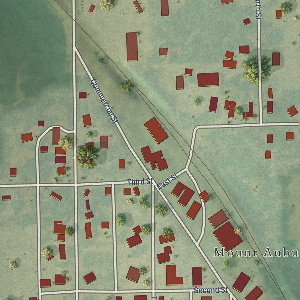 Close-up of the map of Mount Auburn, Iowa print showing street and building detail