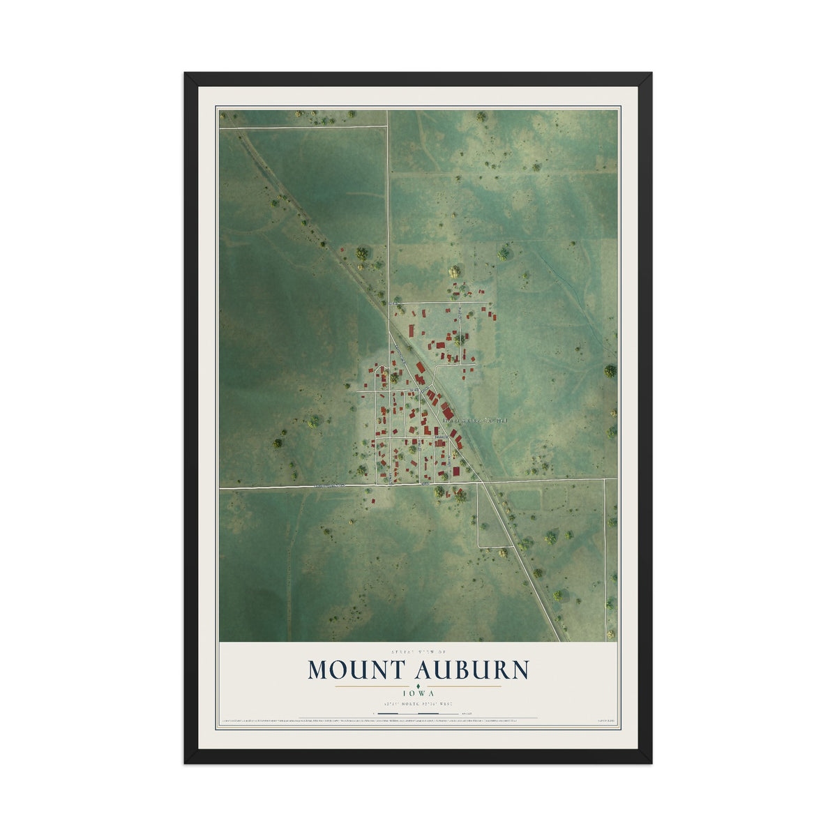 Map of Mount Auburn, Iowa, 12 x 18 inch print in a black wood frame