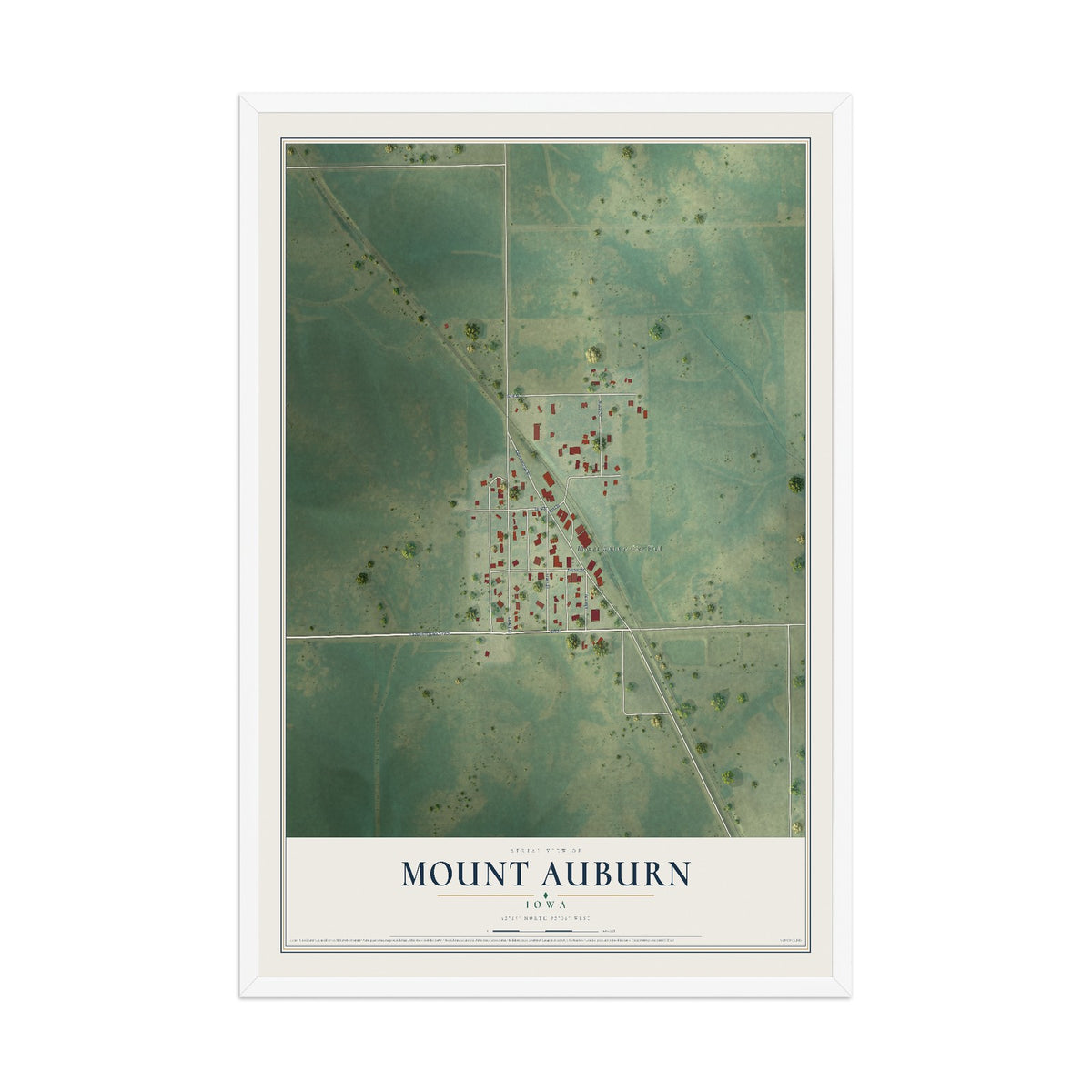 Map of Mount Auburn, Iowa, 12 x 18 inch print in a white wood frame