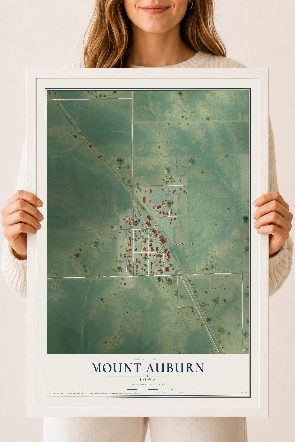 Map of Mount Auburn, Iowa, 18 x 24 inch print in a white wood frame
