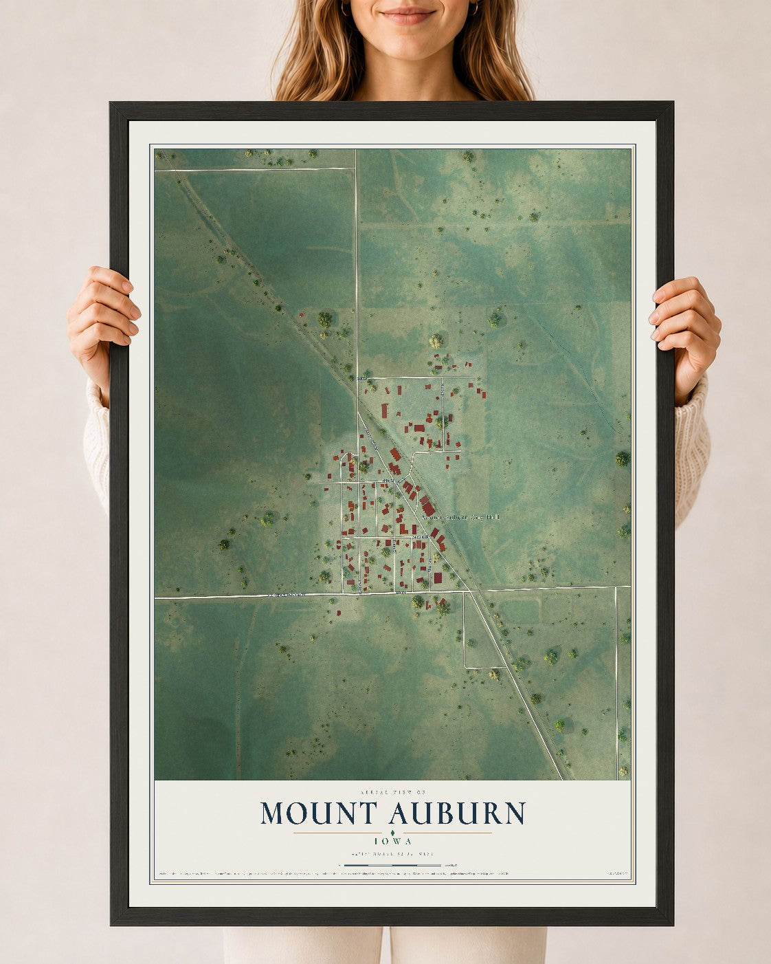 Map of Mount Auburn, Iowa, 24 x 36 inch print in a black wood frame