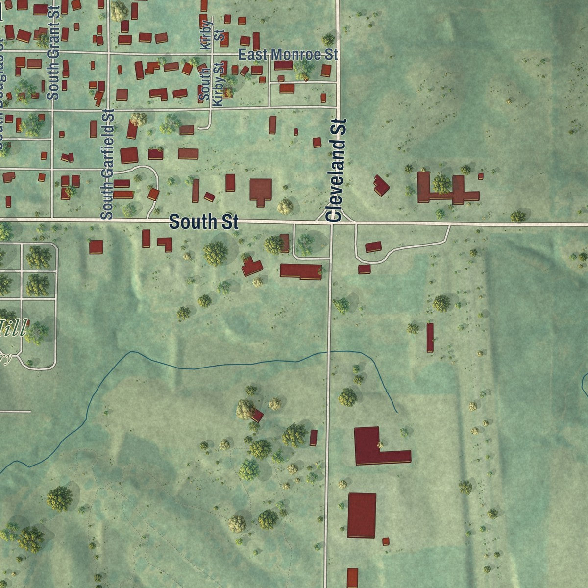 Second close-up of the map of Mount Ayr, Iowa print showing more streets and buildings