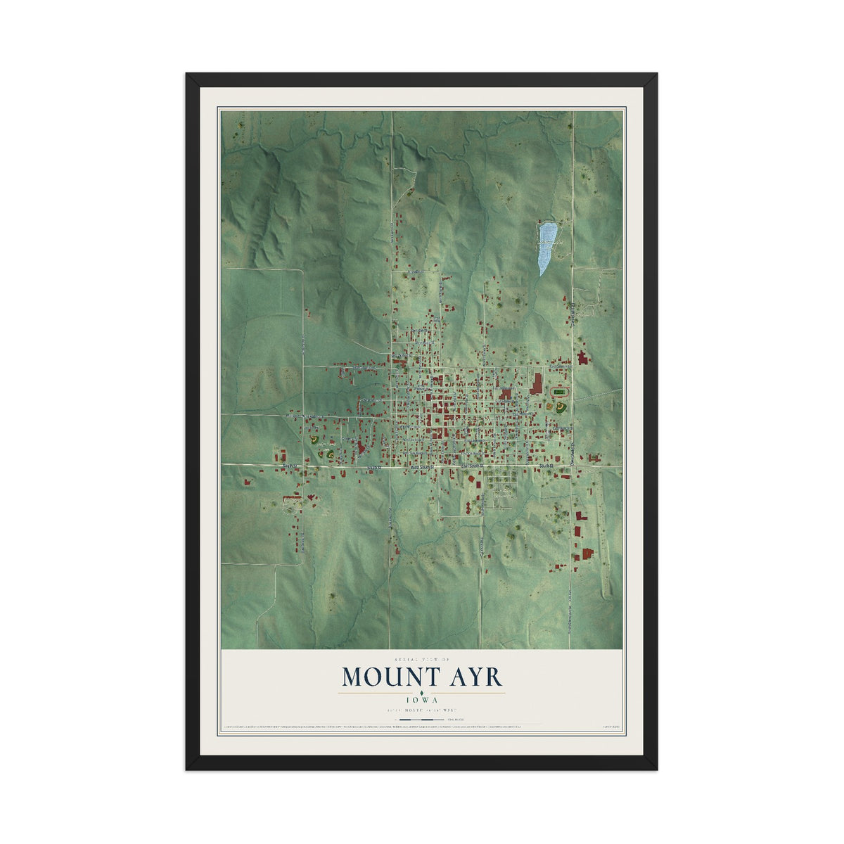 Map of Mount Ayr, Iowa, 12 x 18 inch print in a black wood frame