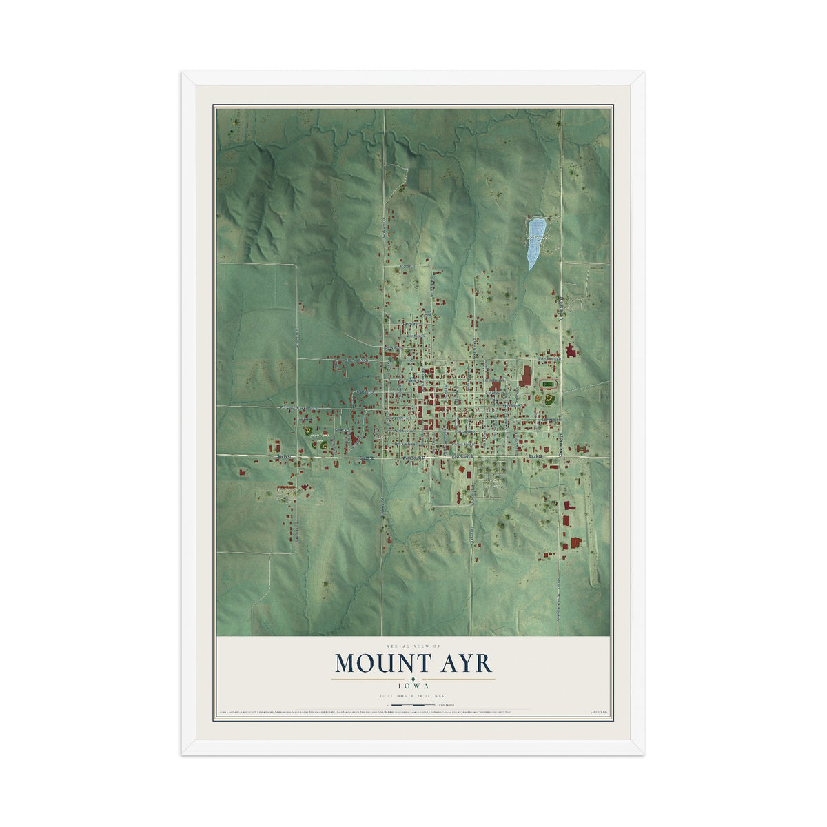 Map of Mount Ayr, Iowa, 12 x 18 inch print in a white wood frame