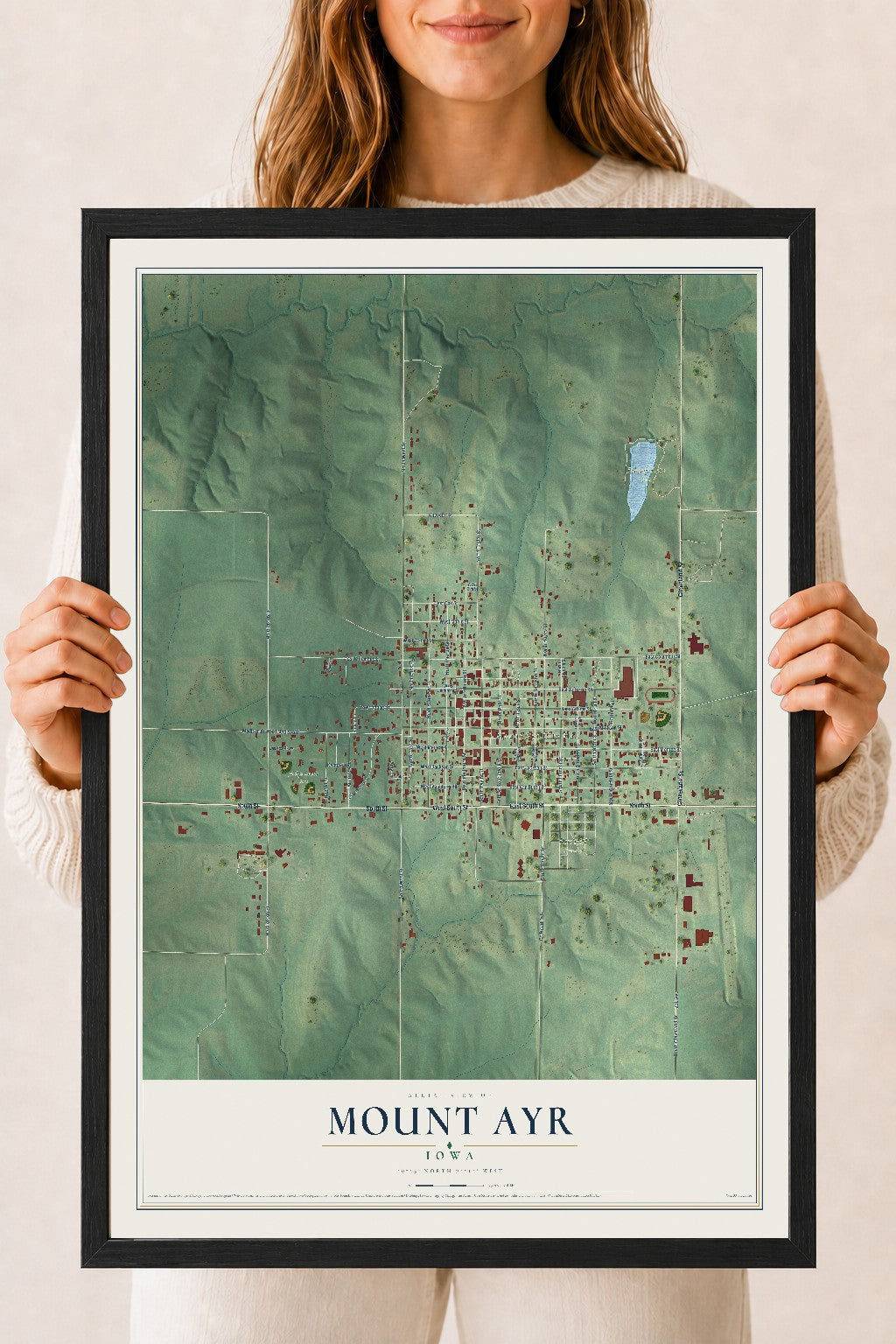 Map of Mount Ayr, Iowa, 18 x 24 inch print in a black wood frame