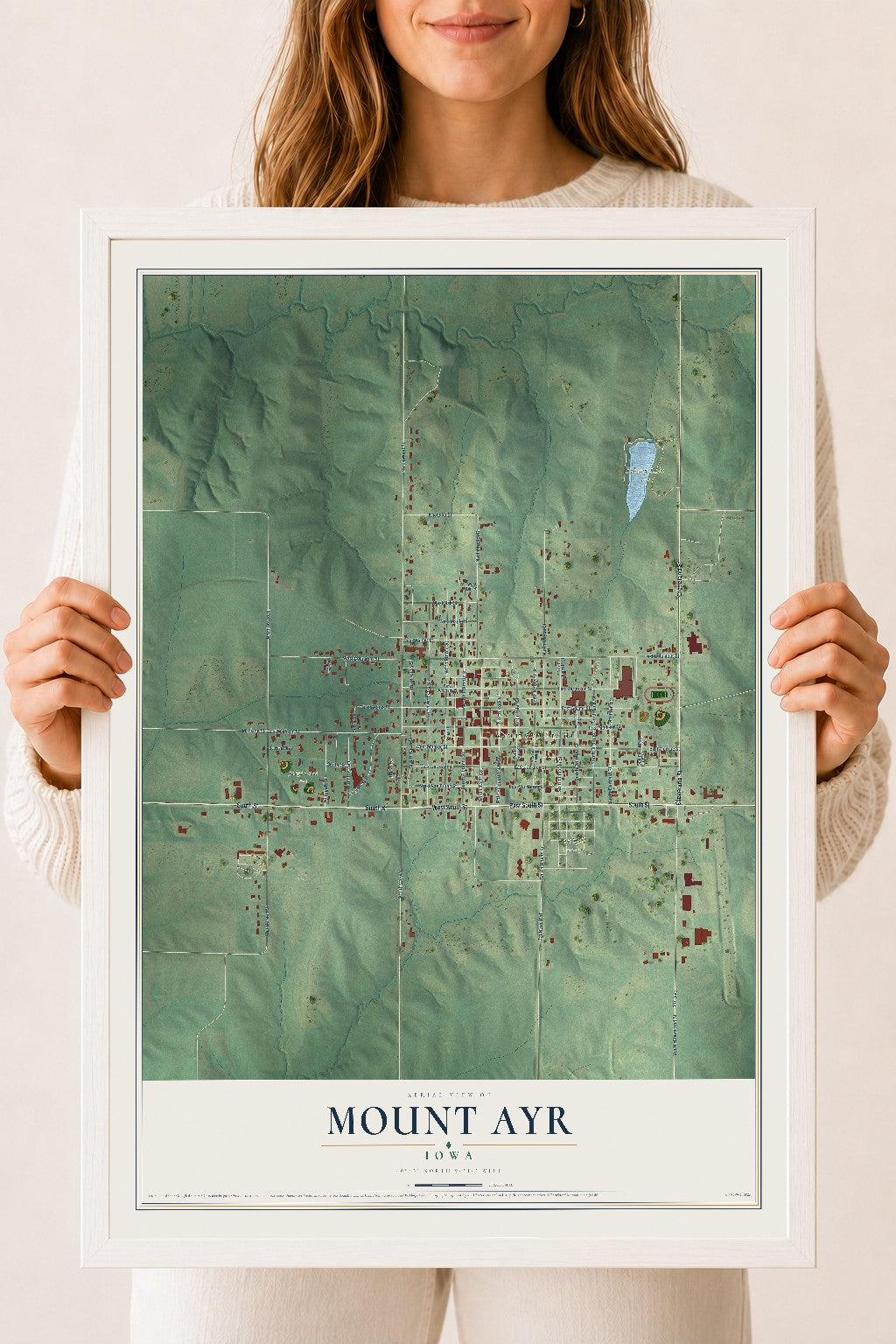 Map of Mount Ayr, Iowa, 18 x 24 inch print in a white wood frame