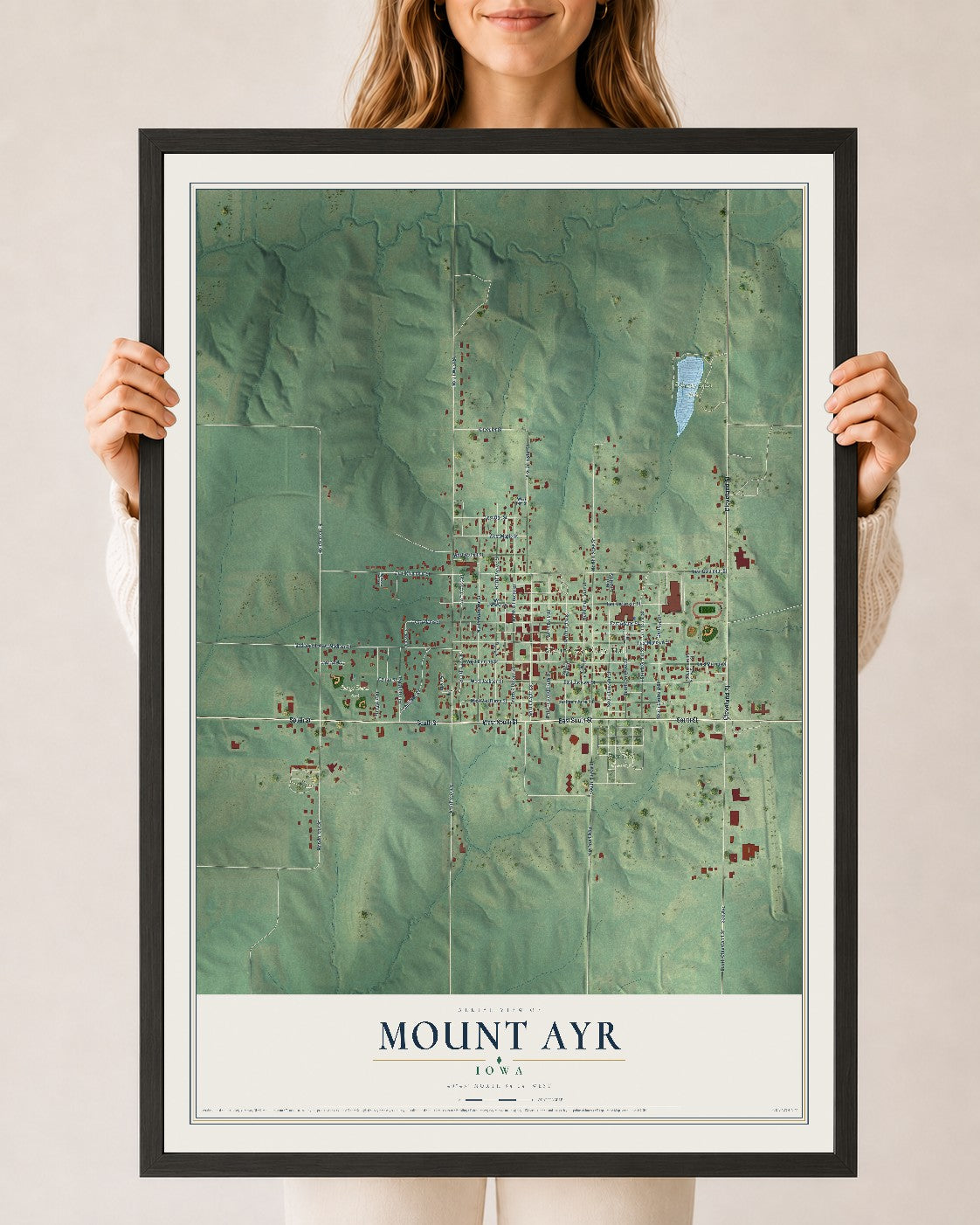 Map of Mount Ayr, Iowa, 24 x 36 inch print in a black wood frame