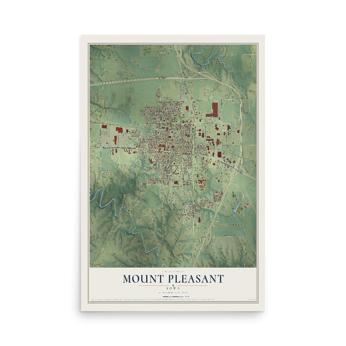 Map of Mount Pleasant, Iowa, 12 x 18 inch unframed archival matte print