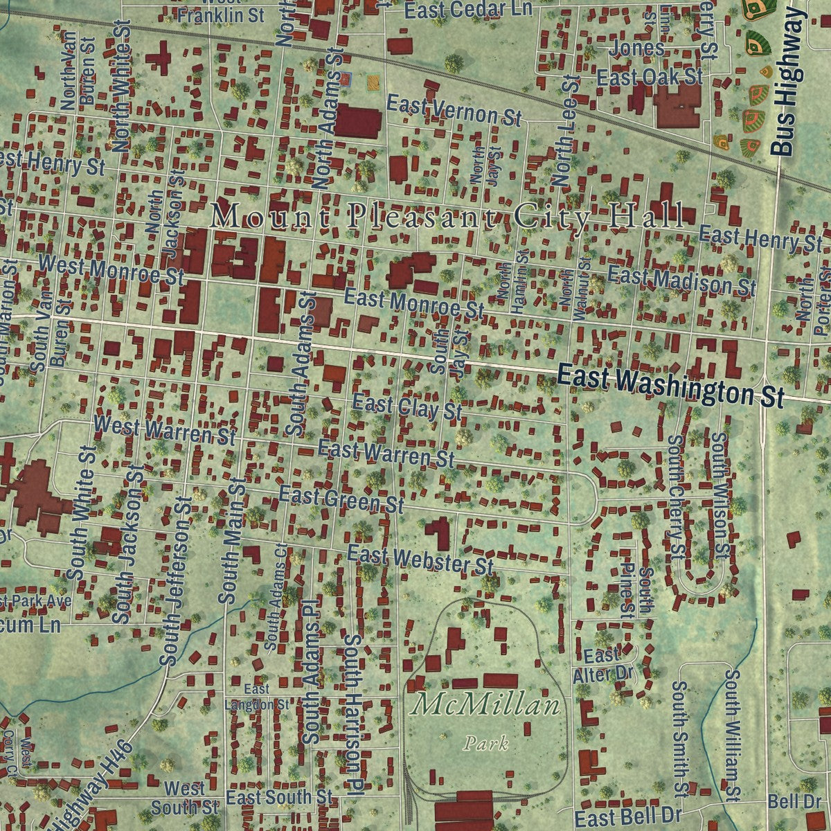 Close-up of the map of Mount Pleasant, Iowa print showing street and building detail