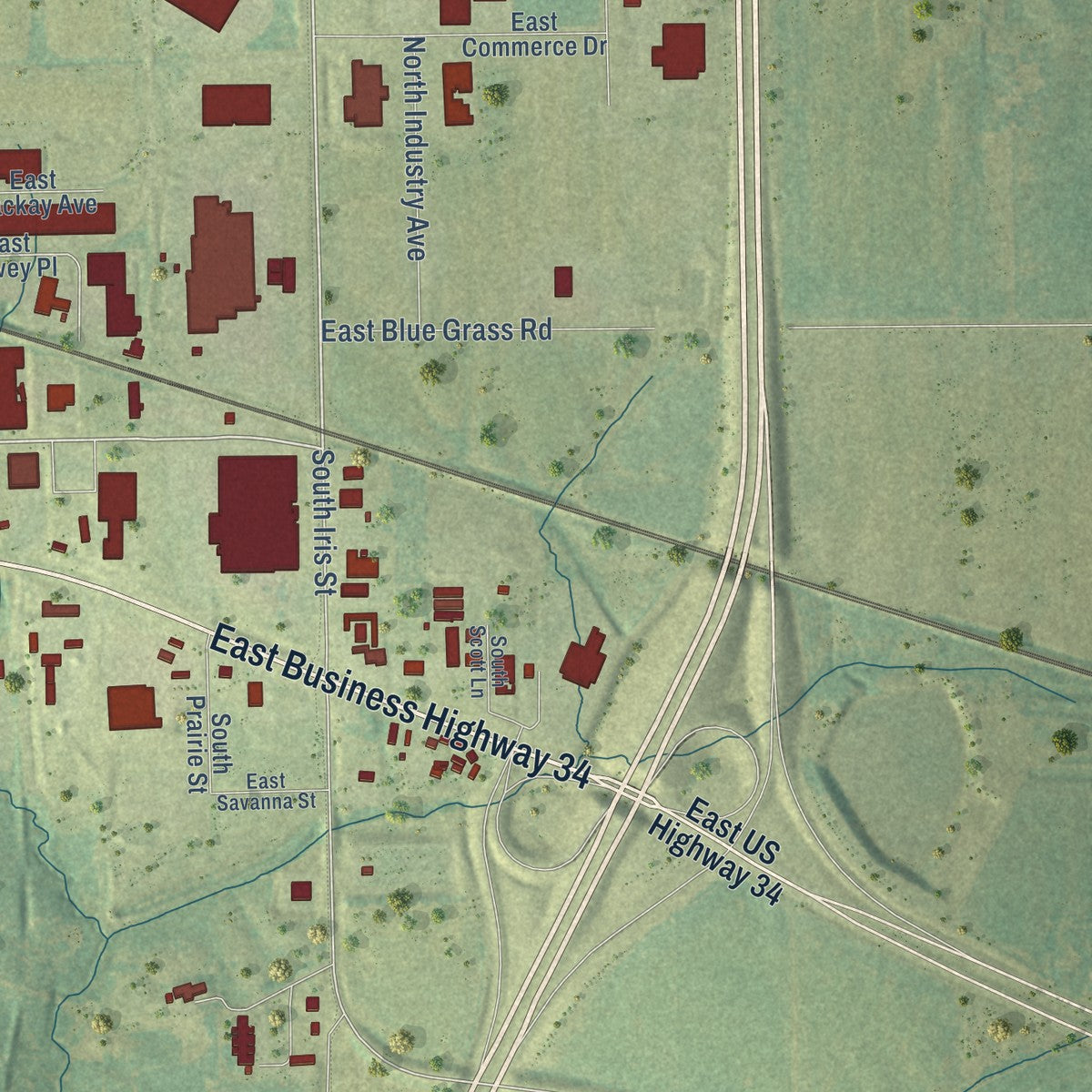 Second close-up of the map of Mount Pleasant, Iowa print showing more streets and buildings