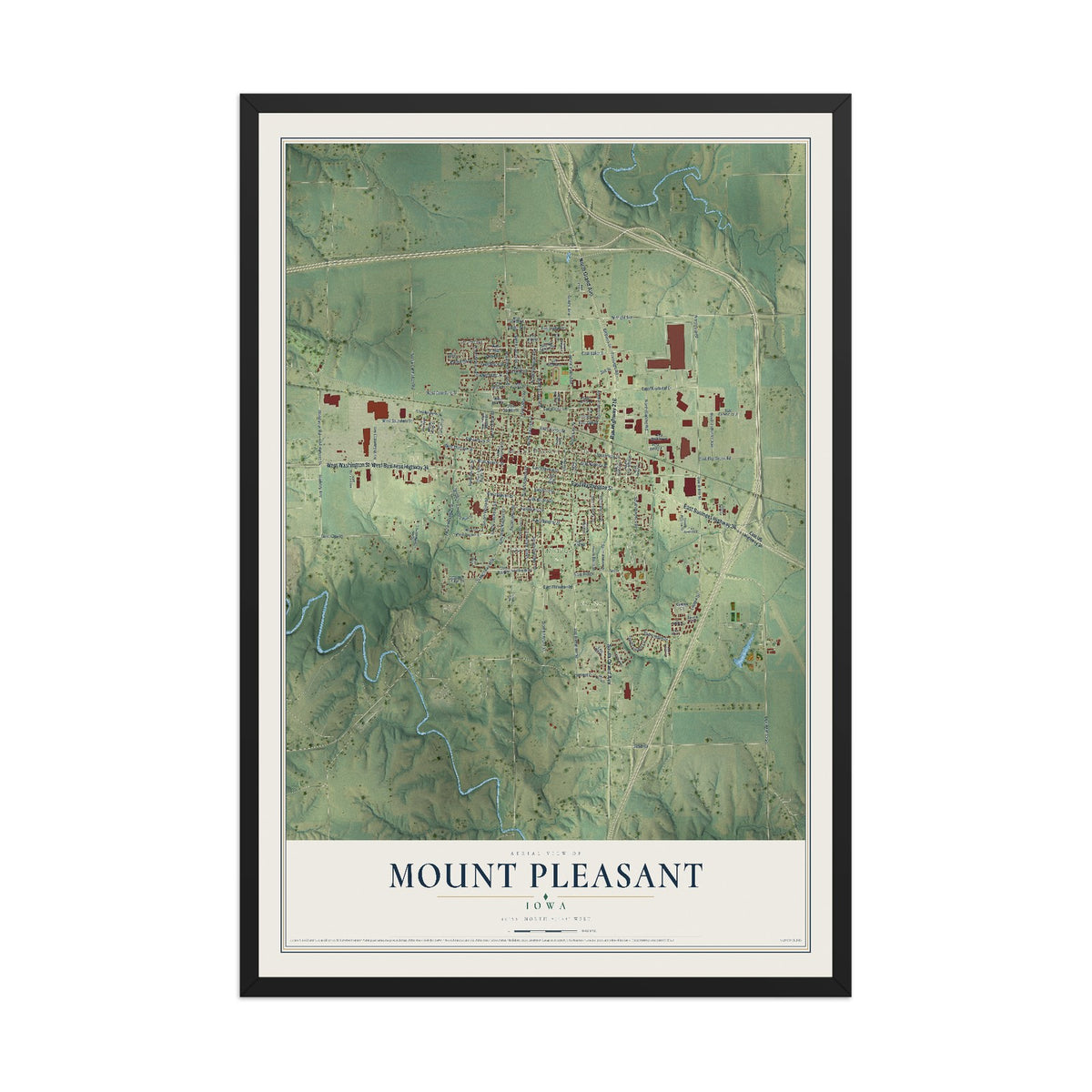 Map of Mount Pleasant, Iowa, 12 x 18 inch print in a black wood frame