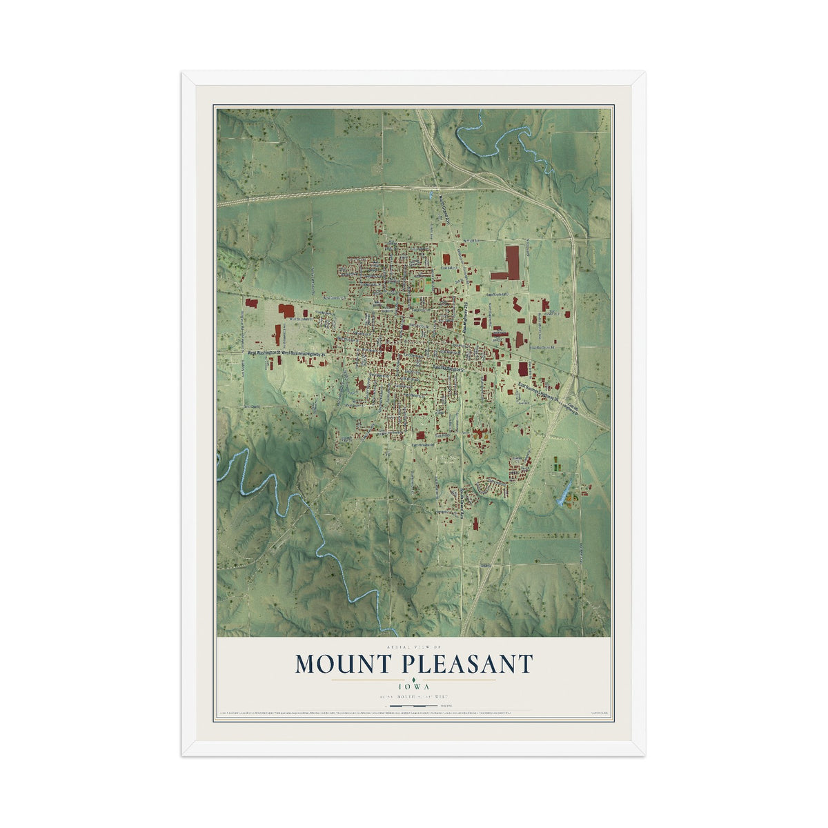 Map of Mount Pleasant, Iowa, 12 x 18 inch print in a white wood frame