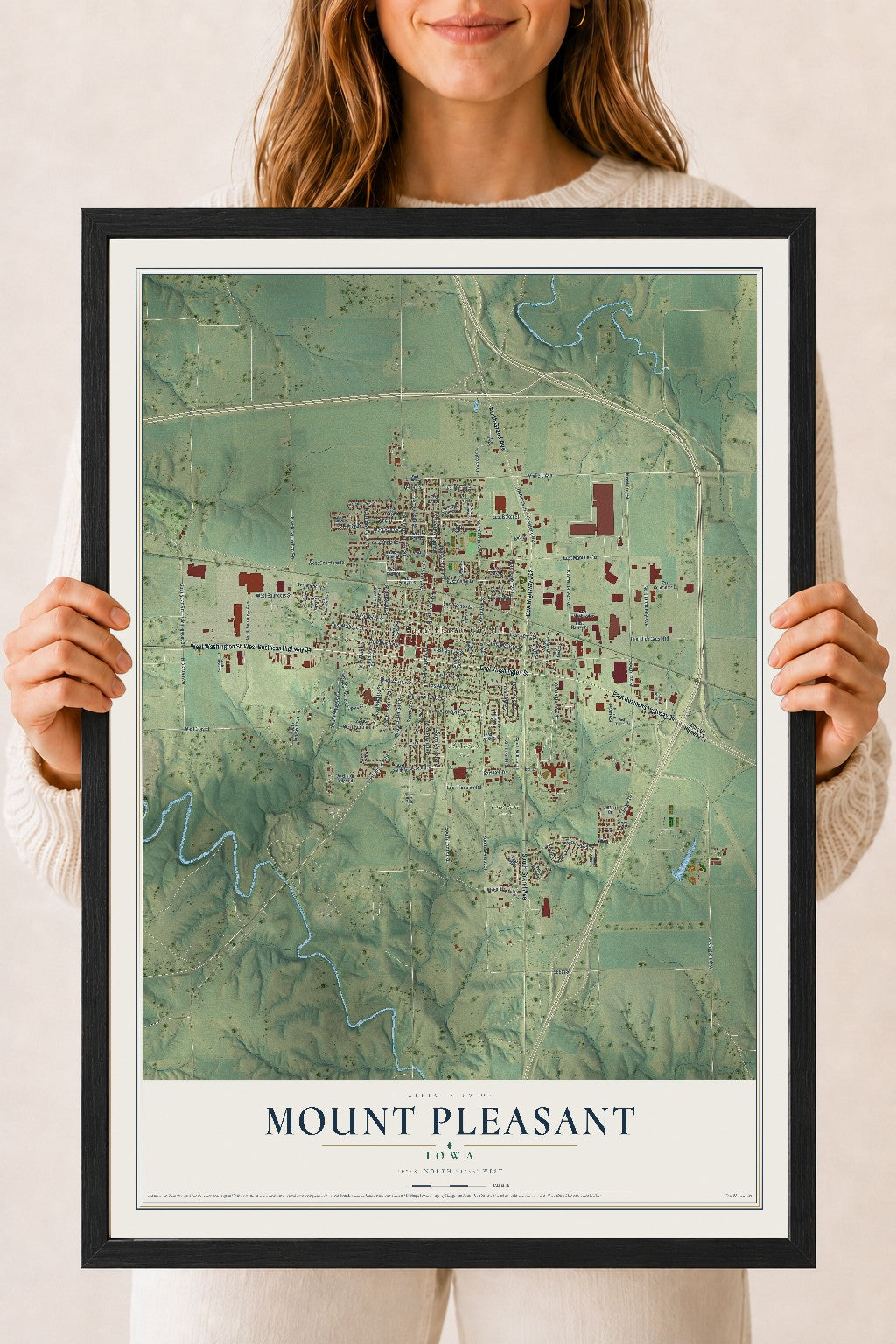 Map of Mount Pleasant, Iowa, 18 x 24 inch print in a black wood frame