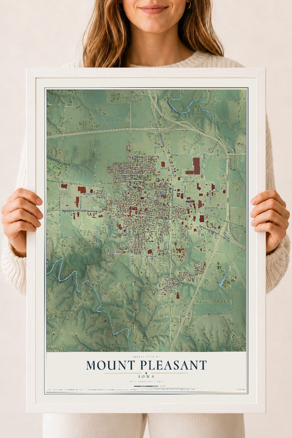 Map of Mount Pleasant, Iowa, 18 x 24 inch print in a white wood frame