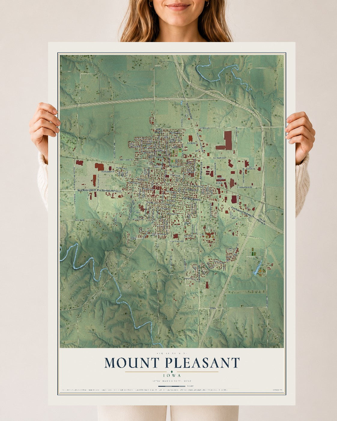 Map of Mount Pleasant, Iowa, 24 x 36 inch unframed archival matte print