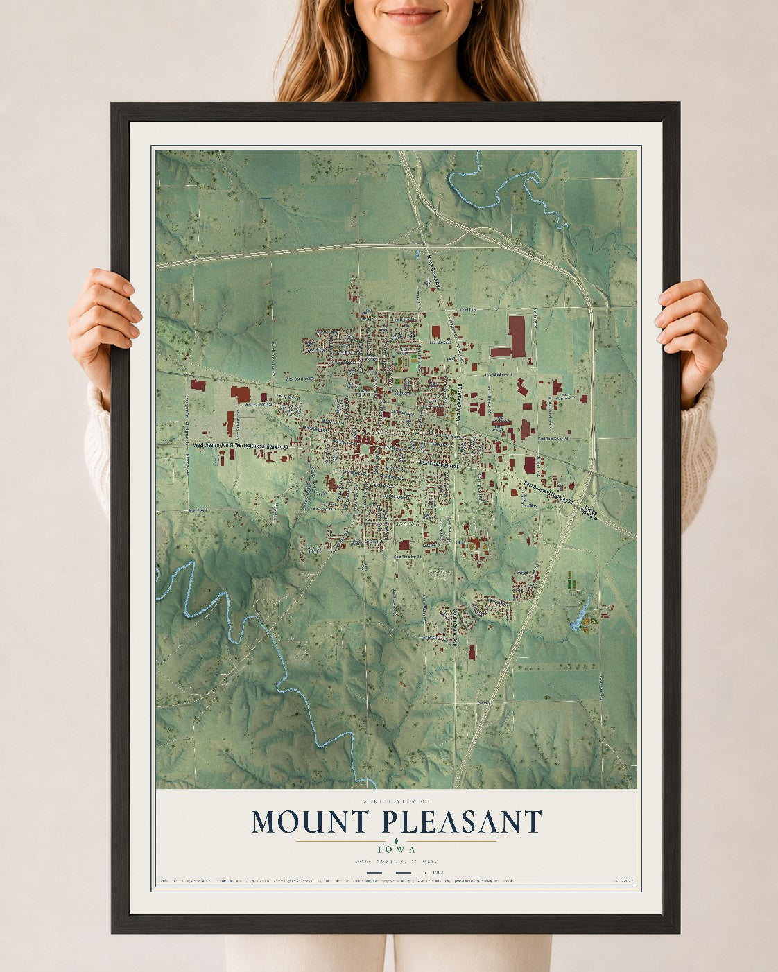 Map of Mount Pleasant, Iowa, 24 x 36 inch print in a black wood frame