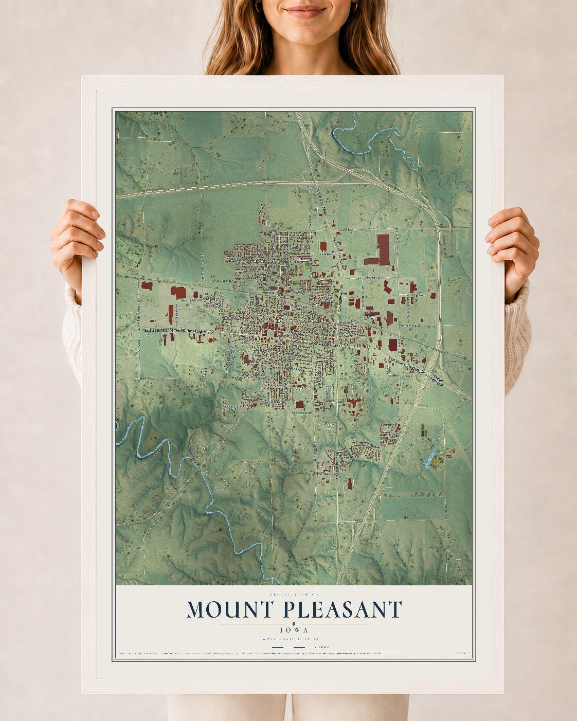 Map of Mount Pleasant, Iowa, 24 x 36 inch print in a white wood frame