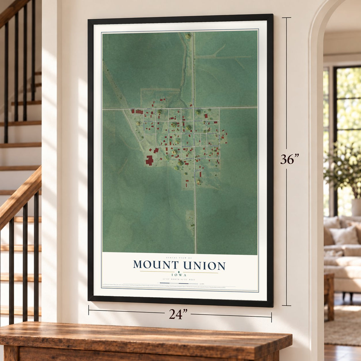 Mount Union, Iowa map, 24 x 36 inch print in a black frame by a staircase