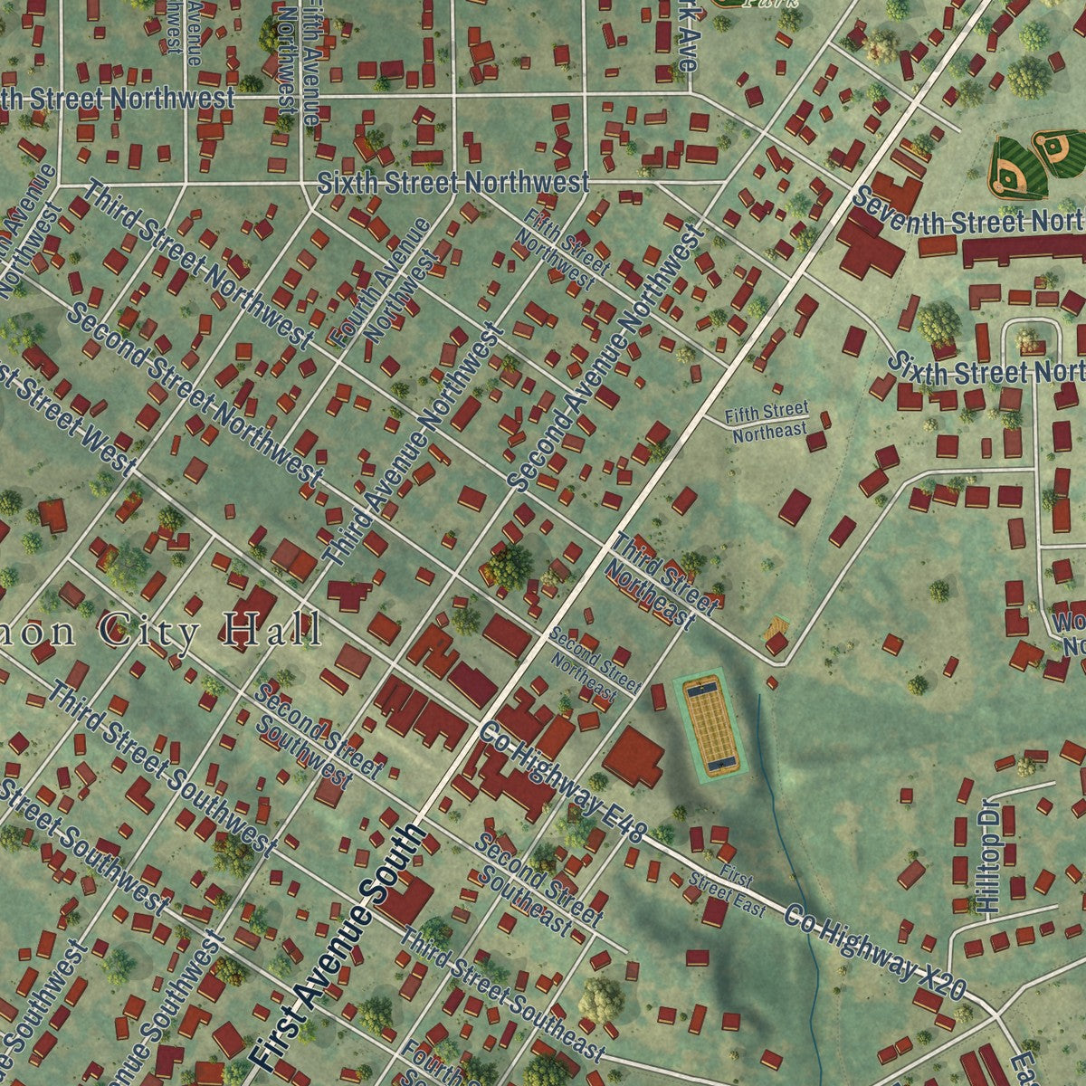Close-up of the map of Mount Vernon, Iowa print showing street and building detail