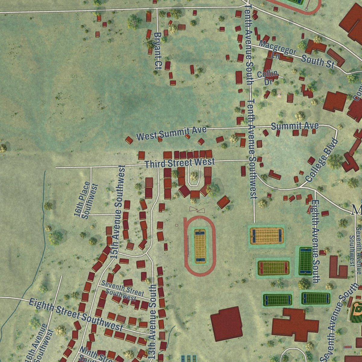 Second close-up of the map of Mount Vernon, Iowa print showing more streets and buildings
