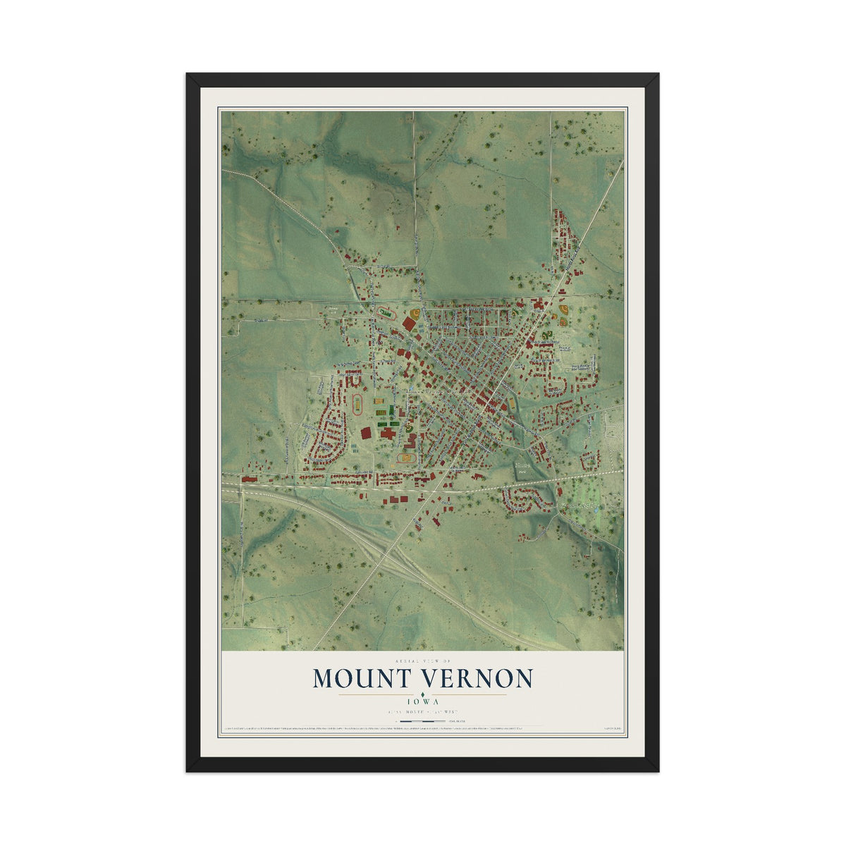 Map of Mount Vernon, Iowa, 12 x 18 inch print in a black wood frame