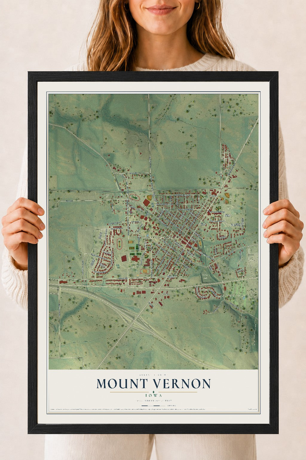 Map of Mount Vernon, Iowa, 18 x 24 inch print in a black wood frame