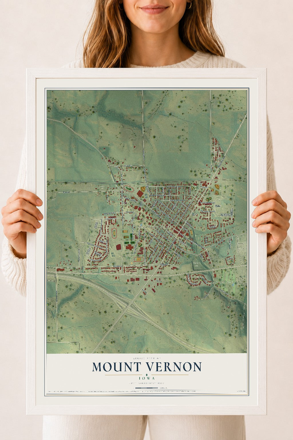 Map of Mount Vernon, Iowa, 18 x 24 inch print in a white wood frame