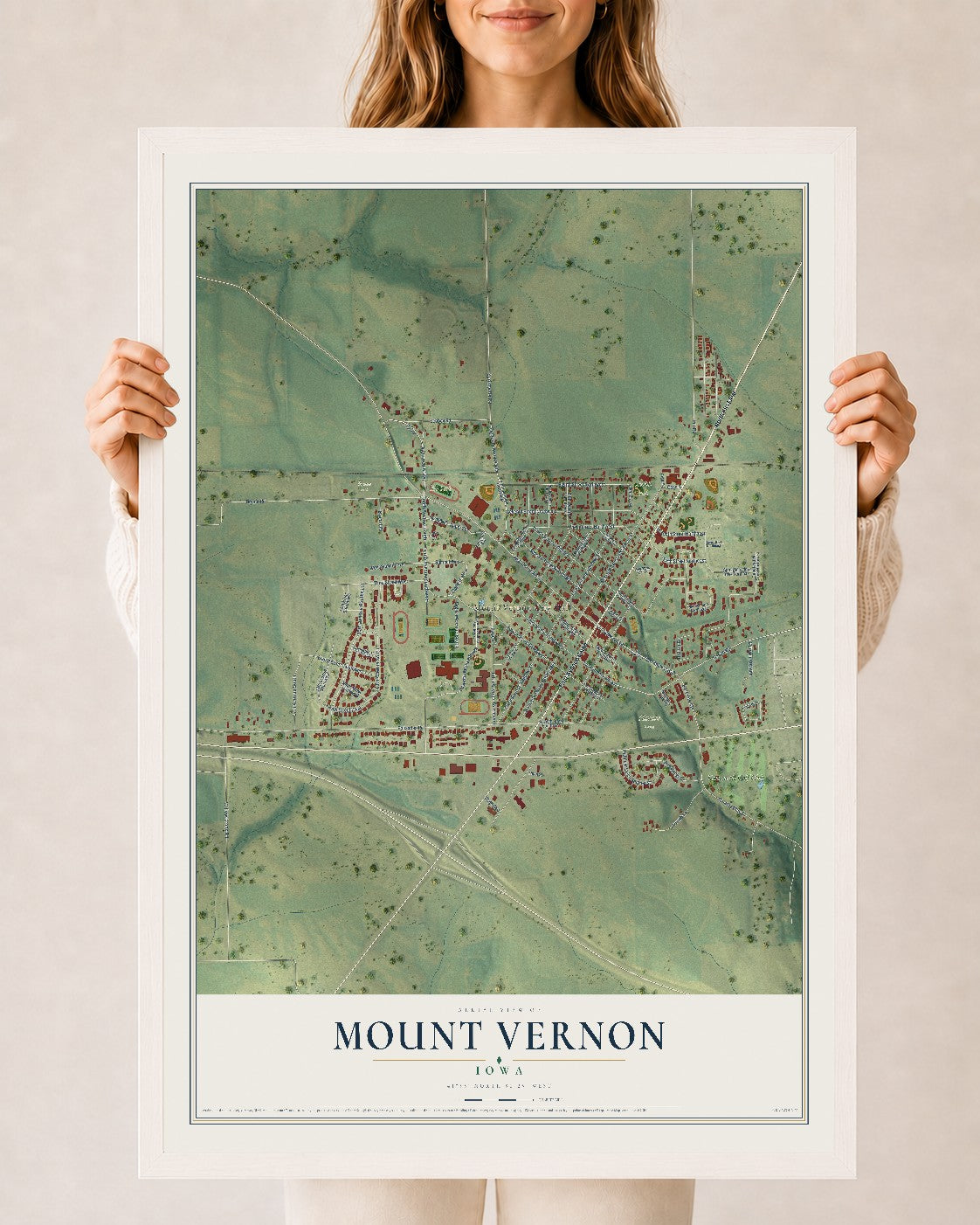 Map of Mount Vernon, Iowa, 24 x 36 inch print in a white wood frame
