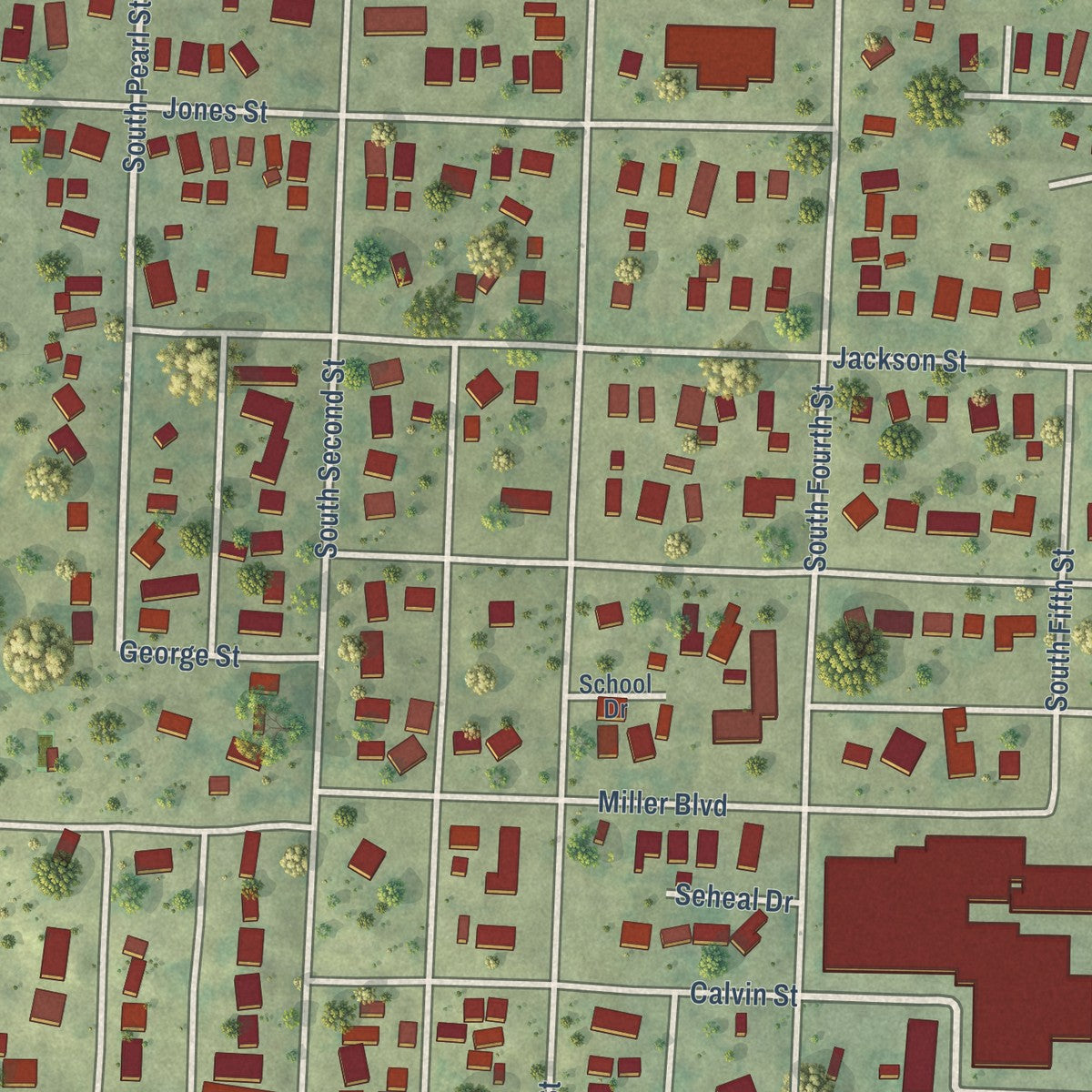 Close-up of the map of Moville, Iowa print showing street and building detail