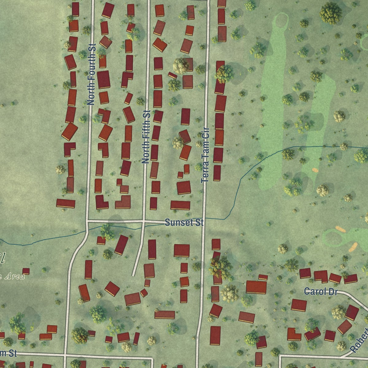 Second close-up of the map of Moville, Iowa print showing more streets and buildings