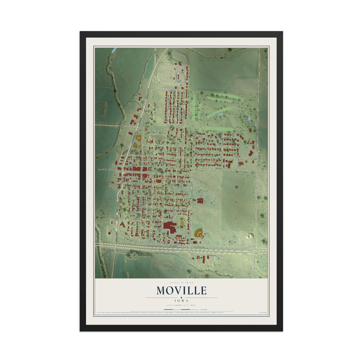 Map of Moville, Iowa, 12 x 18 inch print in a black wood frame
