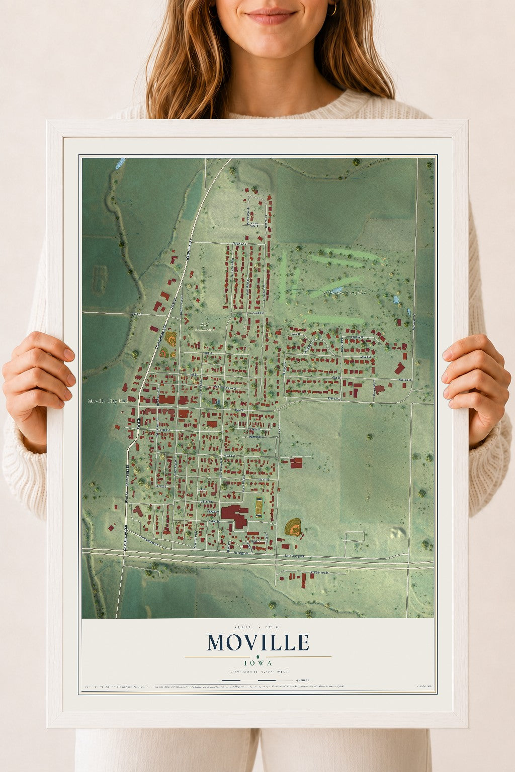 Map of Moville, Iowa, 18 x 24 inch print in a white wood frame