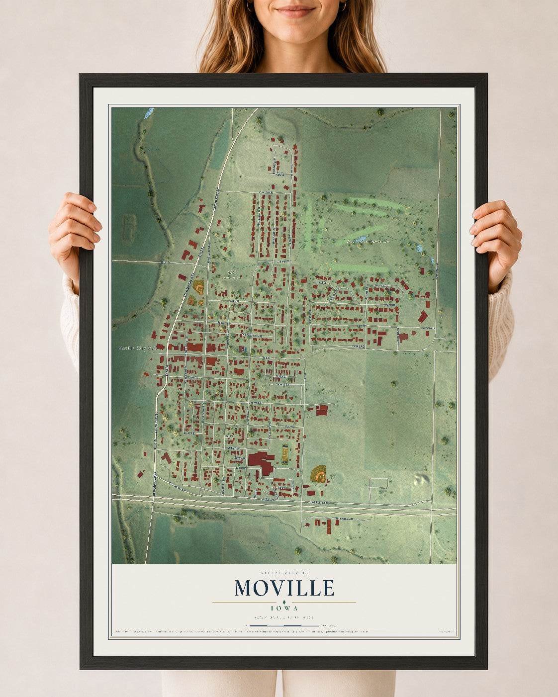 Map of Moville, Iowa, 24 x 36 inch print in a black wood frame
