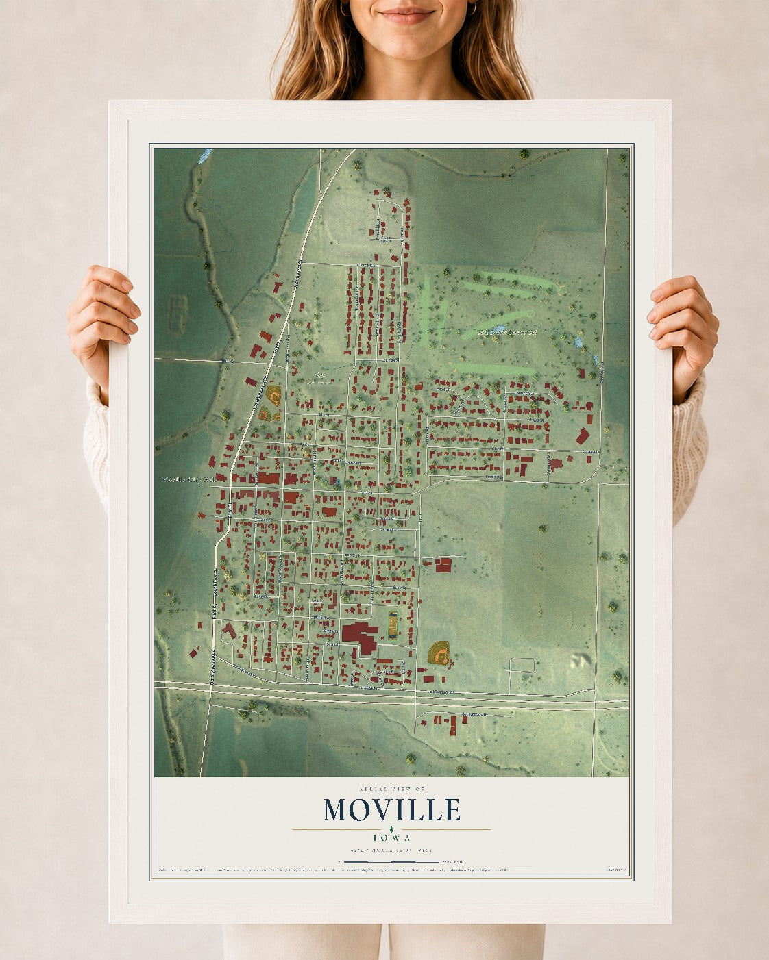Map of Moville, Iowa, 24 x 36 inch print in a white wood frame
