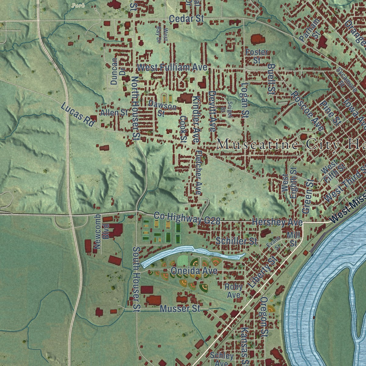 Close-up of the map of Muscatine, Iowa print showing street and building detail