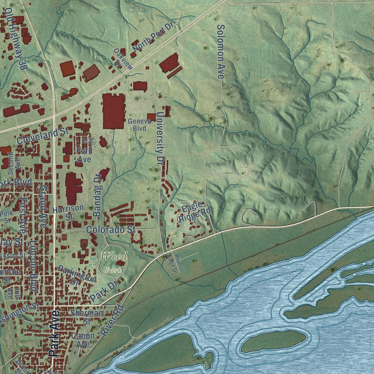 Second close-up of the map of Muscatine, Iowa print showing more streets and buildings