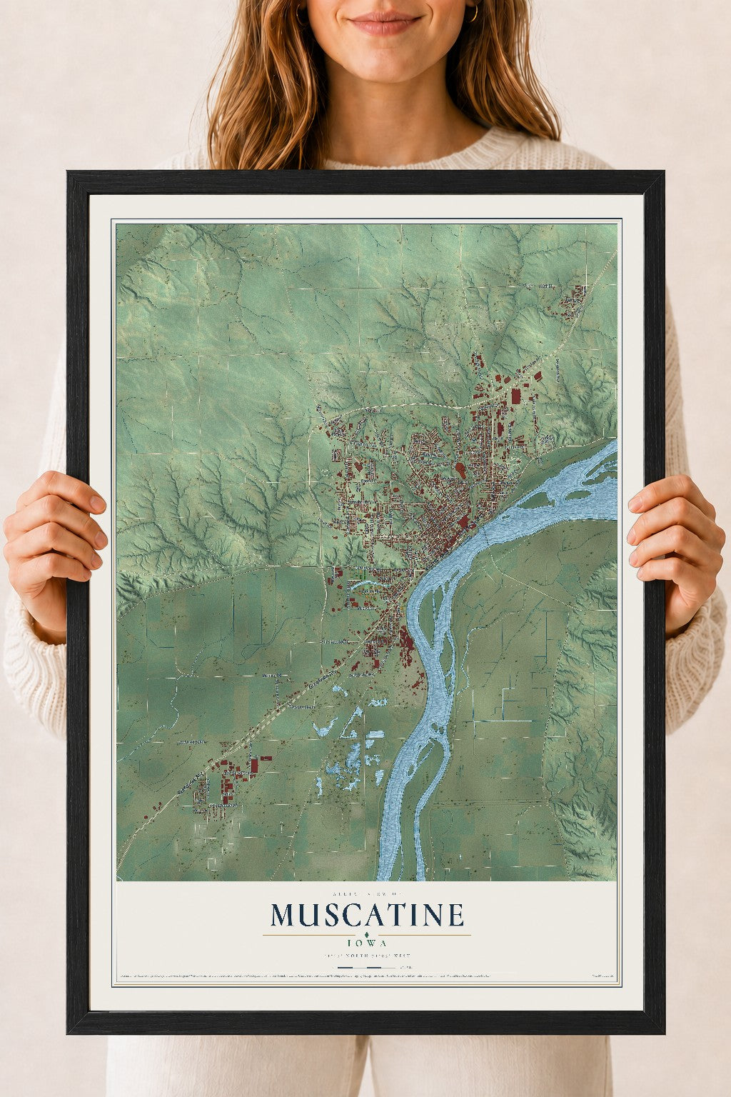 Map of Muscatine, Iowa, 18 x 24 inch print in a black wood frame