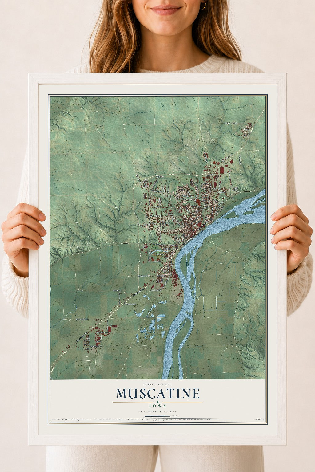 Map of Muscatine, Iowa, 18 x 24 inch print in a white wood frame
