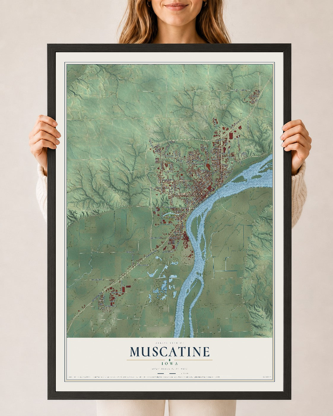 Map of Muscatine, Iowa, 24 x 36 inch print in a black wood frame