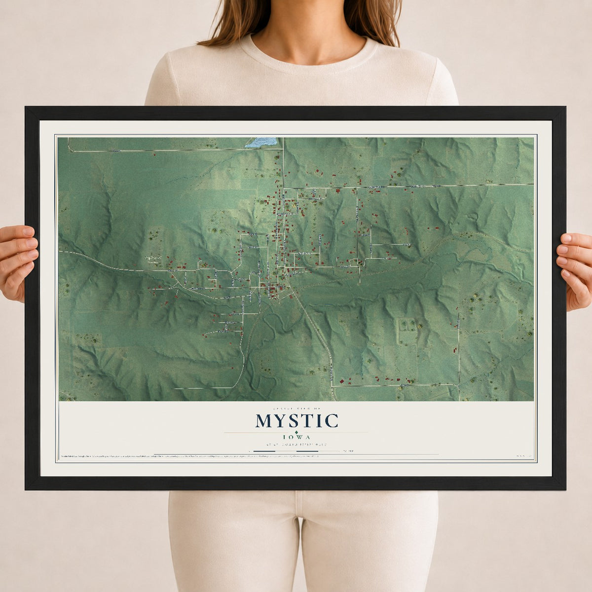 Map of Mystic, Iowa, 18 x 24 inch print in a black wood frame
