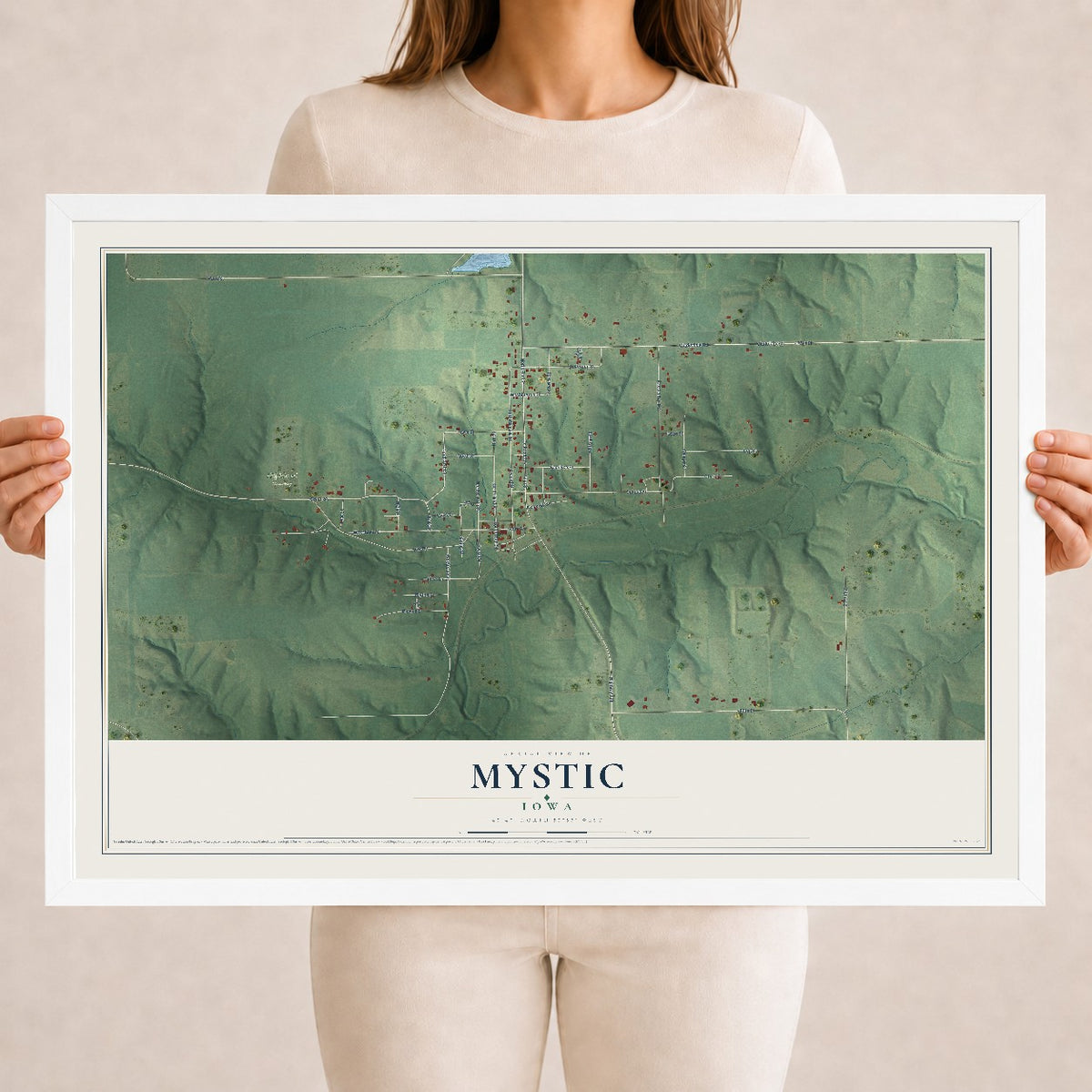 Map of Mystic, Iowa, 18 x 24 inch print in a white wood frame